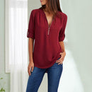 Autumn Zipper Solid Women Tops Long Sleeves Loose T-shirt (Wine Red XL) A