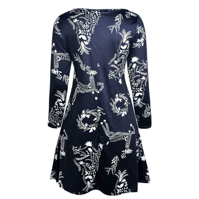 Christmas Floral Long Sleeve A-line Dress O-neck Retro Women Dresses (S)