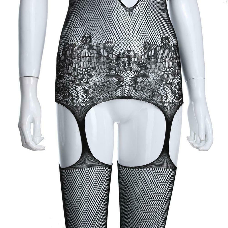 Women Fishnet Crotchless Bodystocking Garters and Thigh High Stockings
