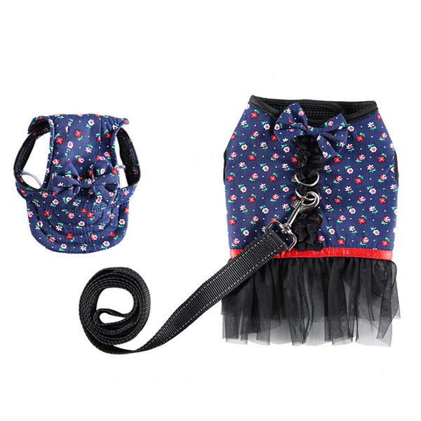 Pet Dog Vest Harness with Hat Pet Costume Party Clothes Blue Dot Flower-M