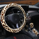 3Pcs /Set Beige Leopard Fluff Plush Steering Wheel Cover Winter Car Accessor-3C