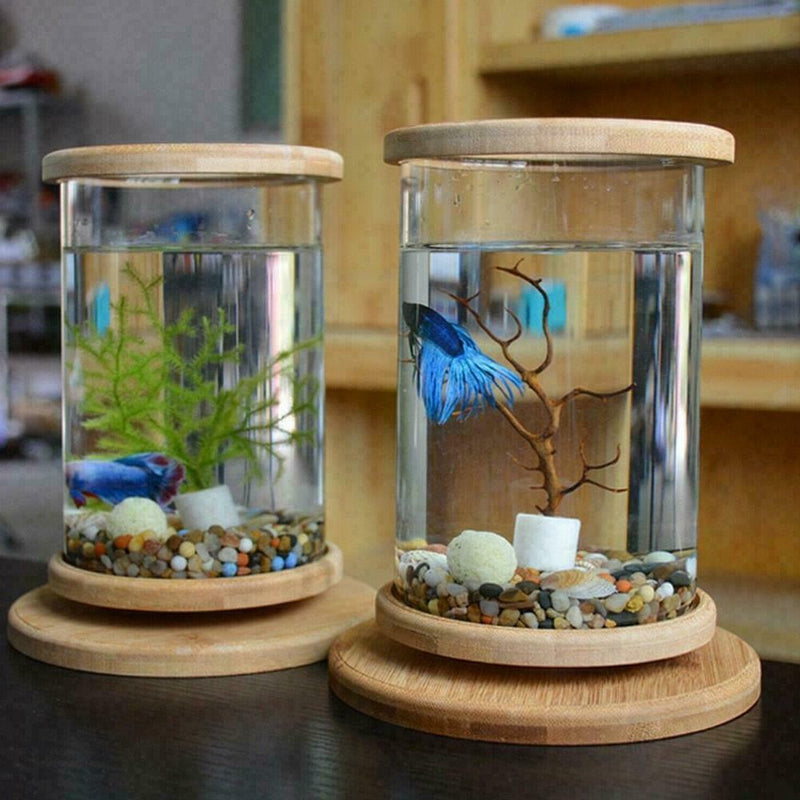 Glass Aquarium Bamboo Base Mini Fish Tank Decoration Fish Bowl Office Micro H6O6