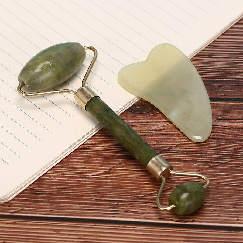 1 Set Massager Tool Natural Facial Jade Roller Face Thin + Body Gua Sha Board3C