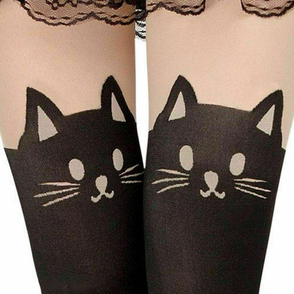 Lady Enticing Cat Tail Tattoo Printed Knee High Stockings Pantyhose Tights O8H6
