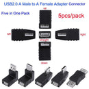 5pcs/pack Five in One 90 Degree USB 2.0 A Male to Female Adapter Connector