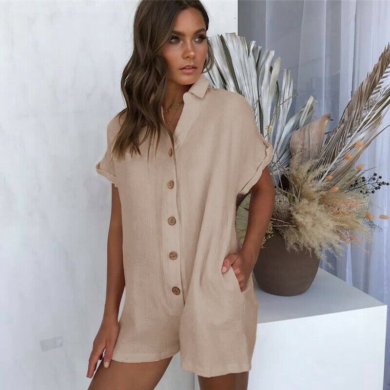 Summer Short Sleeve Jumpsuit Linen Button Playsuit Women Solid V-Neck Casua H3W5