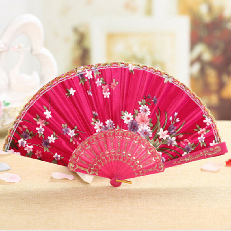 Folding Fan Chinese Flower Lace Silk Hand Held Fan Wedding Dancing Party Gift Ew