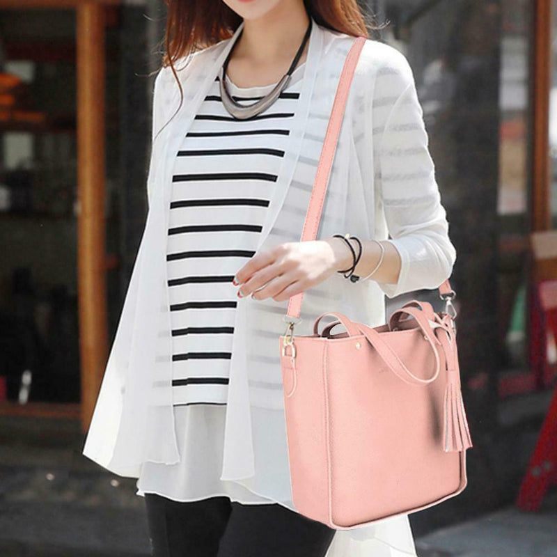 4pcs/set Litchi Pattern Women Shoulder Bags Clutch Totes Card Holder (Pink)