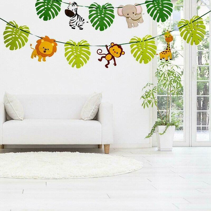 Animal Cartoon Animal Jungle Leaf Theme Bunting Birthday Banner Party Decor FT