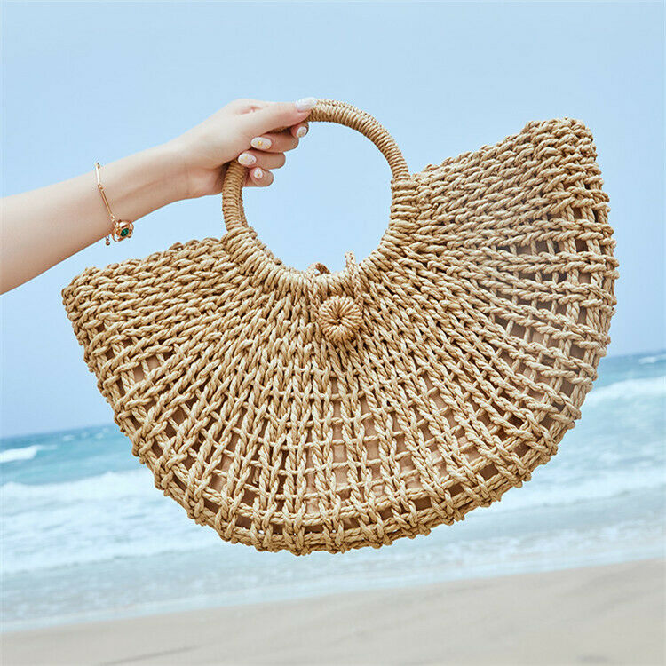 Straw Bag Paper Rope Round Bucket Hollow Woven Bag Retro Casual Belt Buckle H2S1