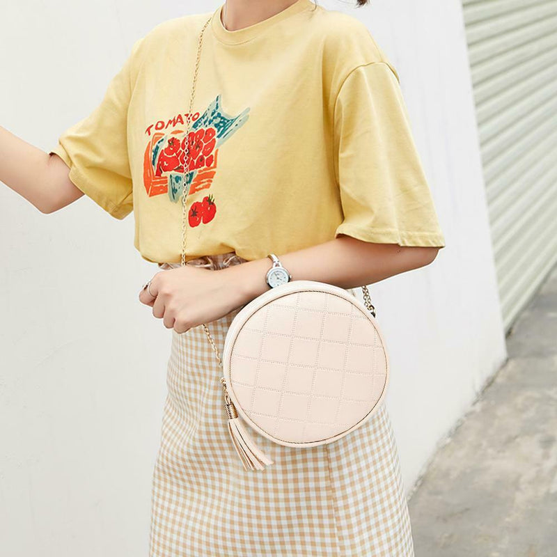 Pure Color Plaid Shoulder Handbags Women Round Tassel Crossbody Bag (Beige) A
