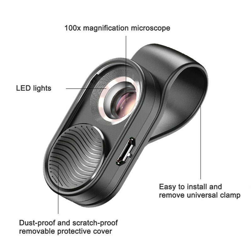 100x magnification portable mini microscope with LED light for smartphone camera