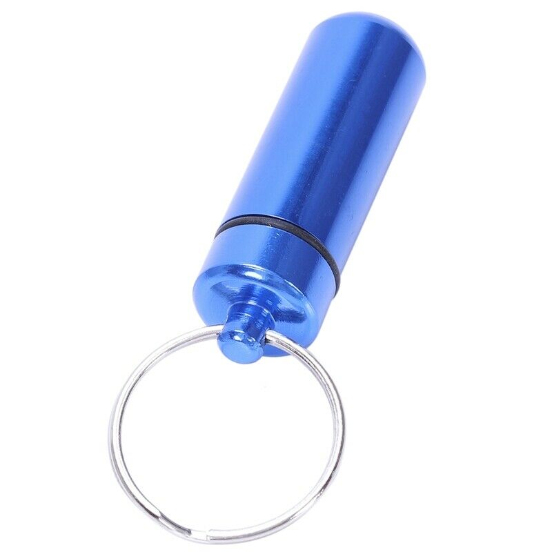 5X( Royal Blue Aluminum Pill Tablet Case Box Cylinder Holder w Keyring C7W7)