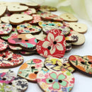 100 Pcs Mixed Printed Flower Heart Shape Wooden Sewing Buttons Scrapbooking DIY