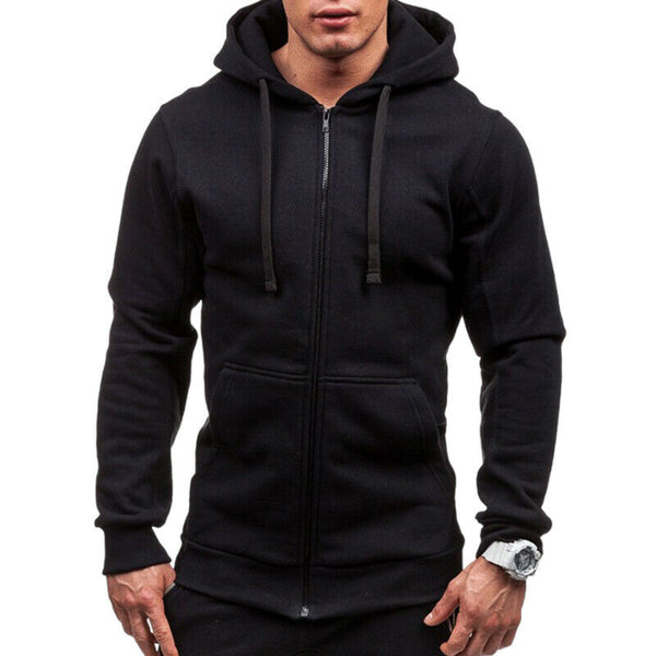 Men Fashion Hip Hop Pocket Zip Up Hooded Sweatshirt Casual Solid Long Sleev R5I6