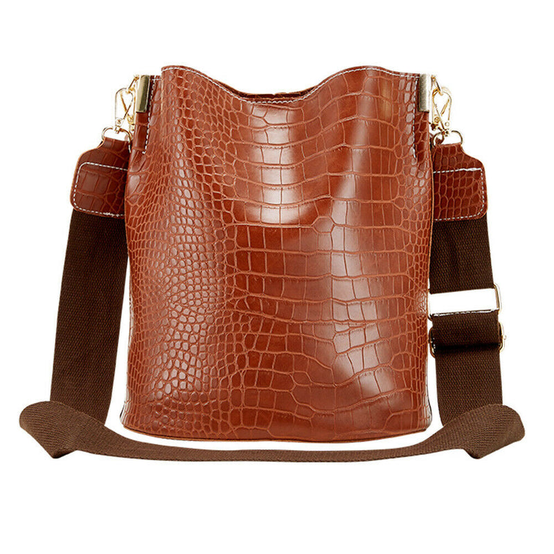 Crocodile Leather Women Shoulder Bag Messenger Bucket Handbag (Light Brown) A