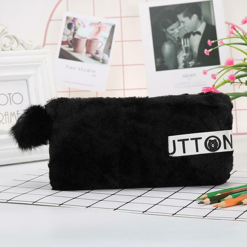 Cute Soft Plush Pencil Bag Stationery Cosmetic Pouch Student Supply (Black) A
