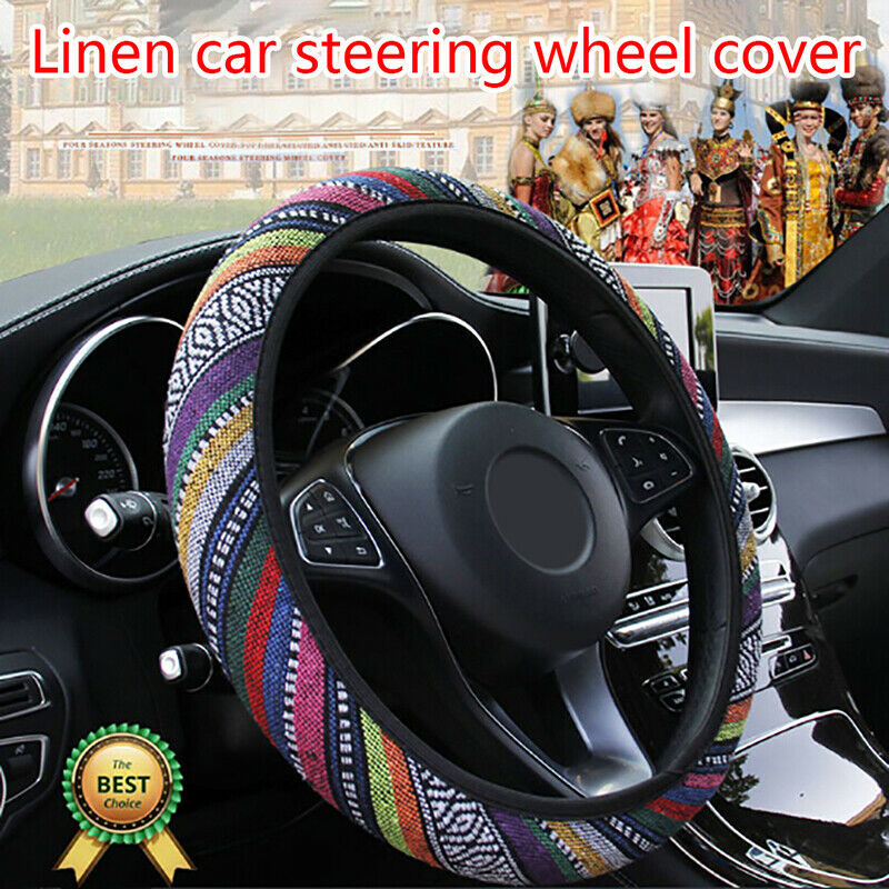 1x Pretty Ethnic Auto Car Steering Wheel Cover Breathable Flax Universal Mw