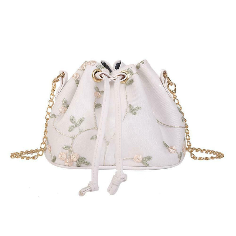 Lace Flower Print Shoulder Handbags Women Drawstring Crossbody Bags (White)