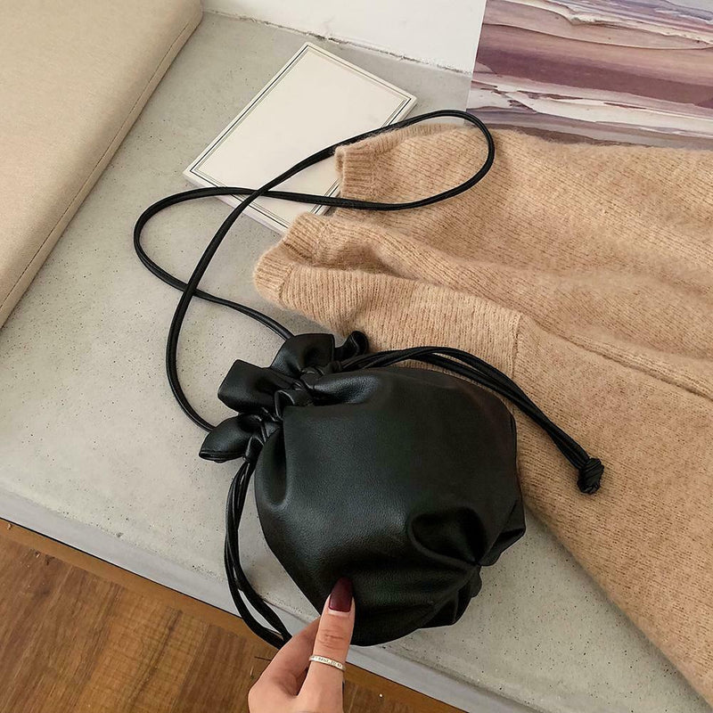 Shoulder Bucket Handbag Women PU Leather Drawstring Crossbody Bag (Black)