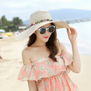 Women Big Brim Sun Hats Foldable Colorful Stone Hand Made Straw Hat Female