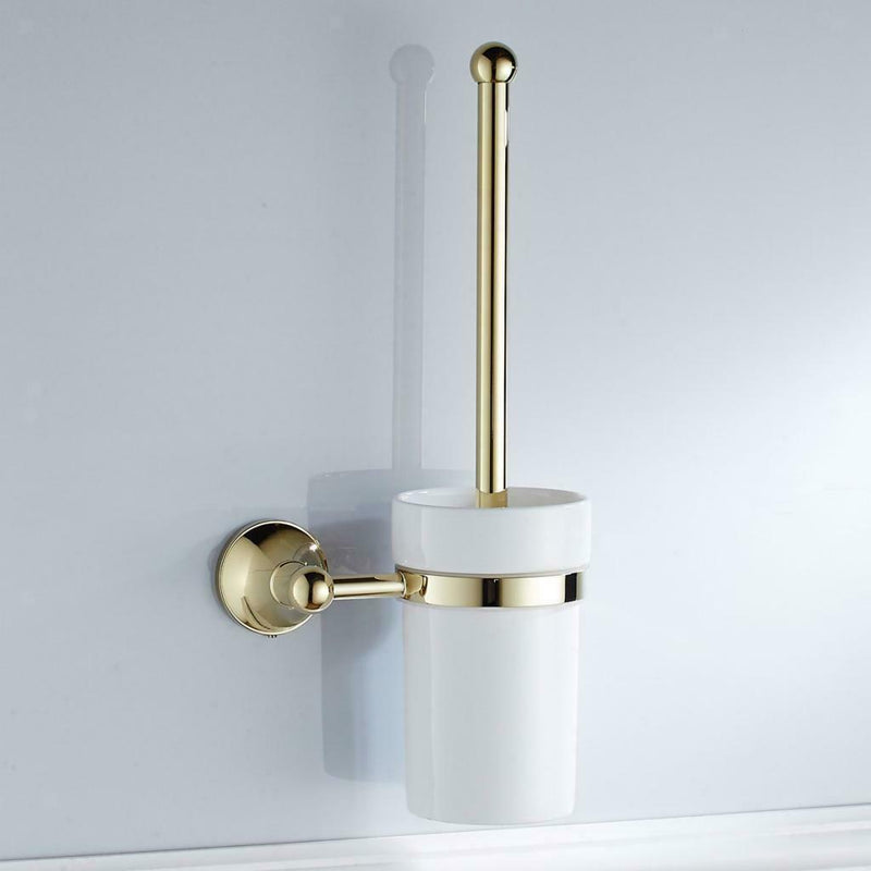 Golden Brass Bathroom Toilet Cleaning Brush Holder Cup Wall Mounted Set 370mm