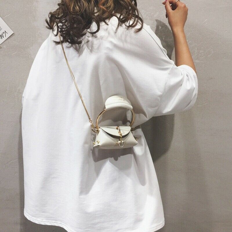 Metal Ring Handle Women Handbag Mini Cute Tote Bag Chain Rivet Shoulder Bag Q6G2