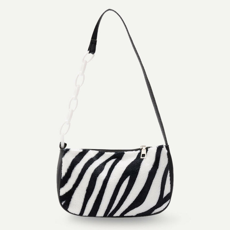 Plush Handbags Female Zebra Print Shoulder Underarm Bag Chain Purses (3)