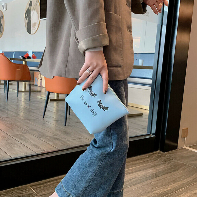 Women Travel Cosmetic Clutch Bag Leather Letter Print Makeup Pouch (Blue) A