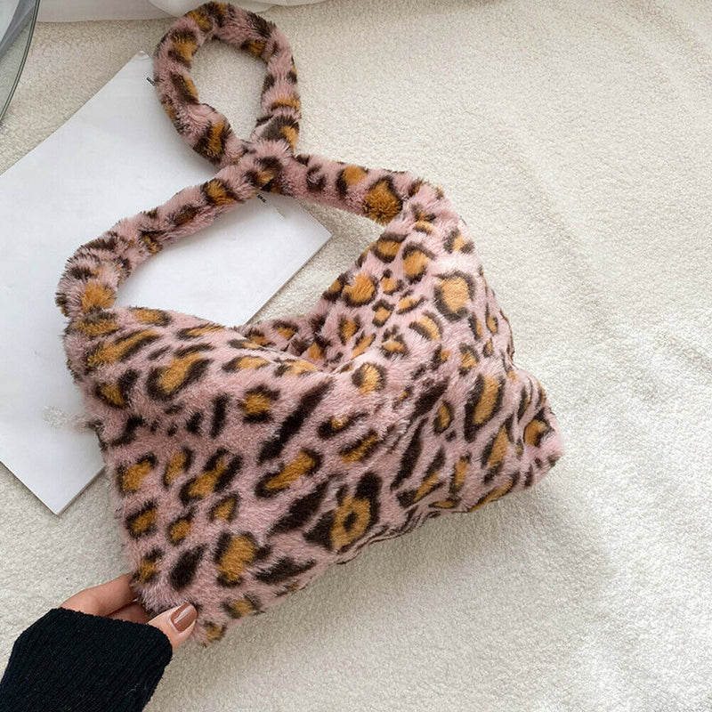 Animal Pattern Shoulder Underarm Bag Women Plush Top-handle Handbag (2)