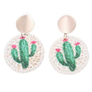 Fashion Jewelry Cactus Printed Braided Rattan Drop Earrings for Women