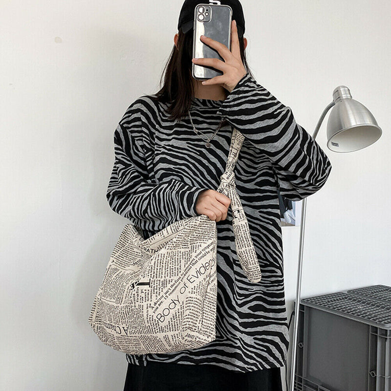 Casual Canvas Shoulder Bags Women Newspaper Print Zipper Crossbody Bags