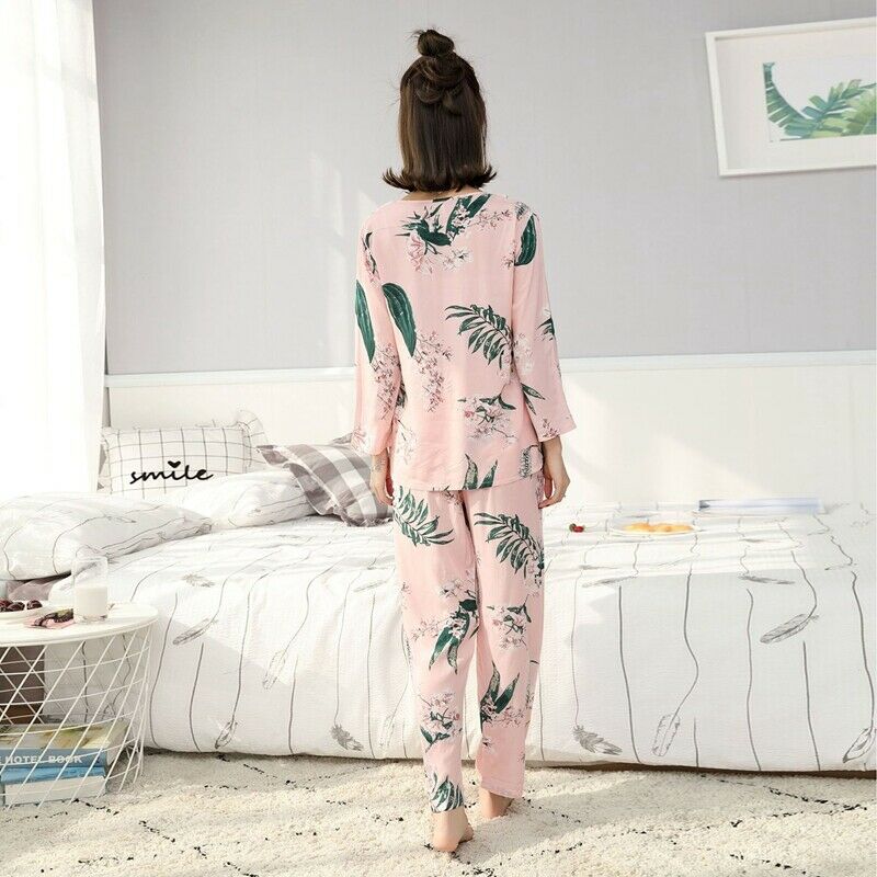 Women Autumn V-neck print 2-pcs Pajama Sets Floral Long Sleeve Sleep Wear C F2E9