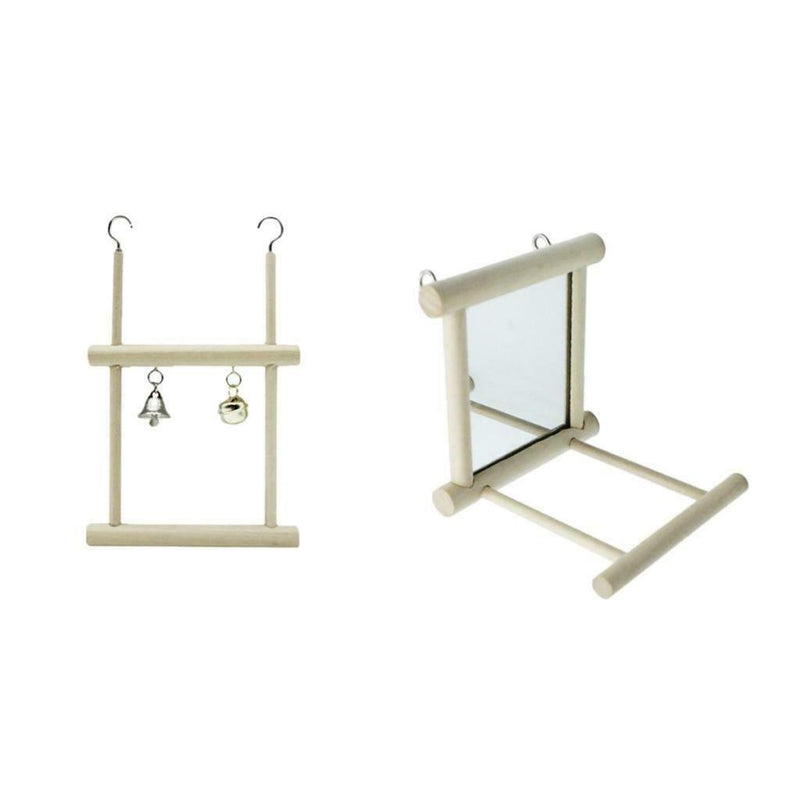 Set of 2, Bird Stand Perch with Mirror & A Bell wooden Swing for Budgie Parakeet