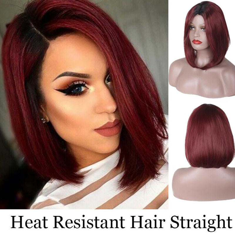 Fashion Wig Natural Short Straight Short Hair Wigs Wine Red Women's Wig with Cap
