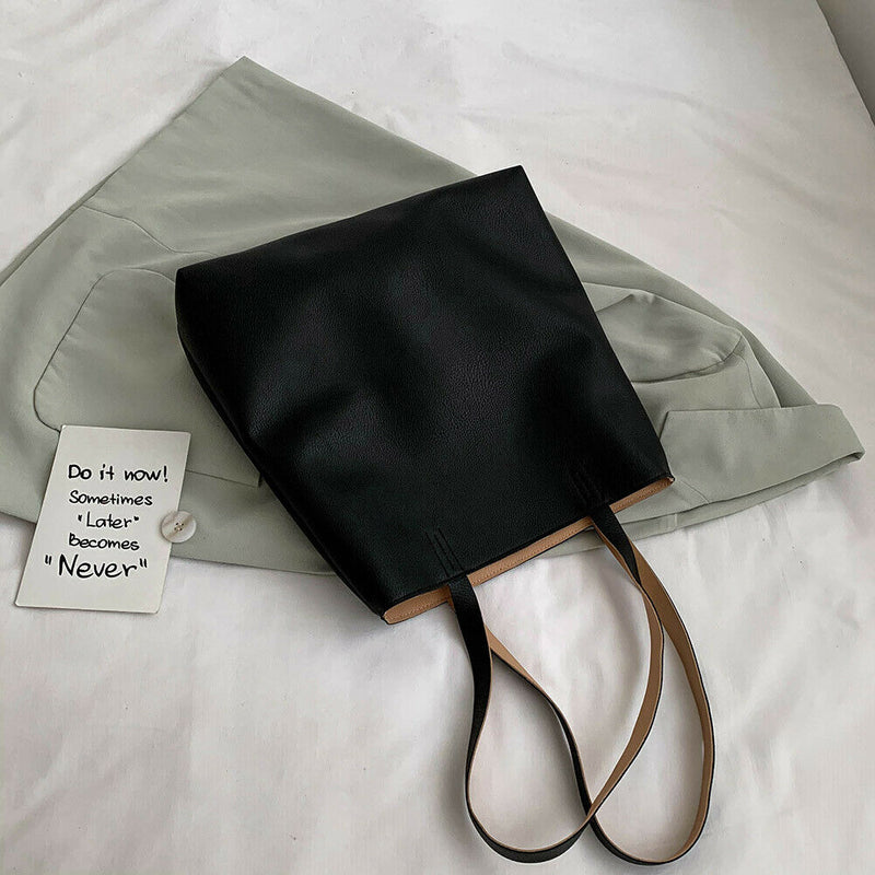 Fashion PU Handbag Women Totes Simple Large Capacity Shoulder Bag (Black)