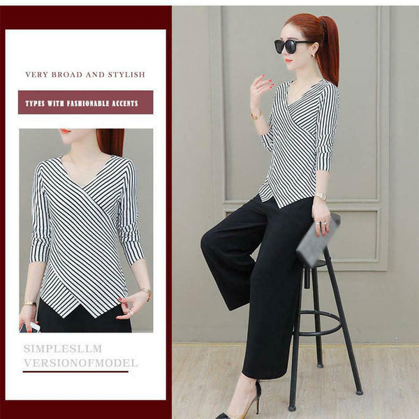Fashion V-neck Striped Women Long Sleeves Blouse Cross Irregular Tops (XL) A#S