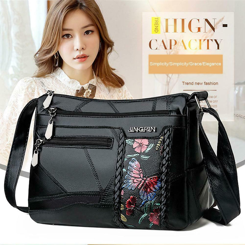 Women Floral Printed Shoulder Bags Multi Pocket Leather Crossbody Handbags