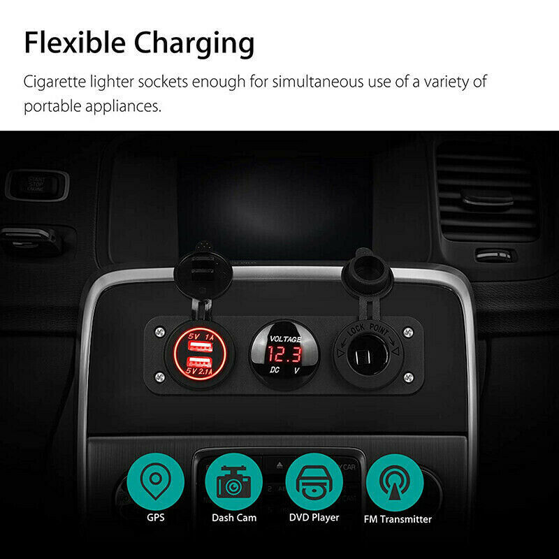 12V Car Boat Cigarette Lighter Socket w/ Dual USB Port Adapter Charger Panel
