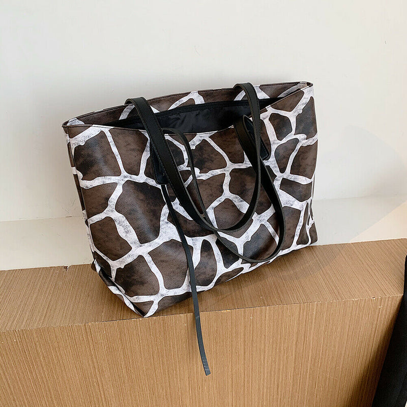 Women Leopard Handbags Fashion PU Leather Large Capacity Shoulder Tote Bag
