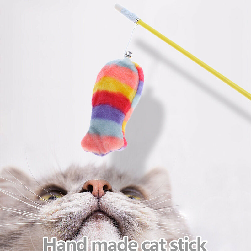 Cat Teasing Stick Plush Fish Wand Squeaky Pet Teaser Rod Interactive Toys A