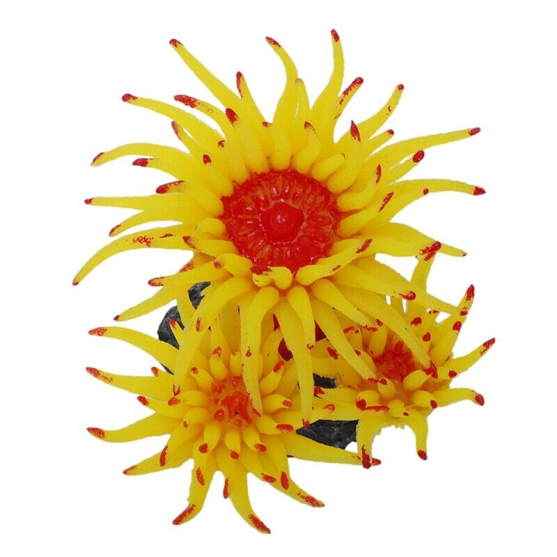 Concrete Base Silicone Coral Anemone Aquarium Plant Decoration, Yellow K9P9