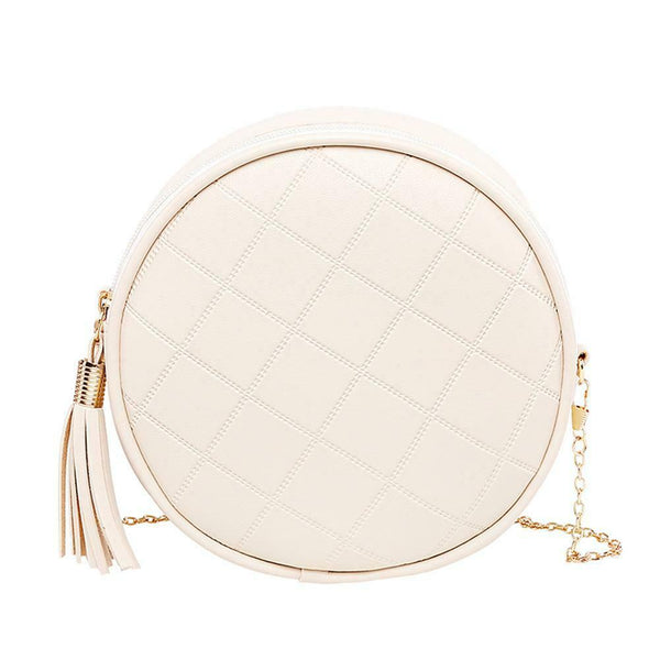 Pure Color Plaid Shoulder Handbags Women Round Tassel Crossbody Bag (Beige) A#S