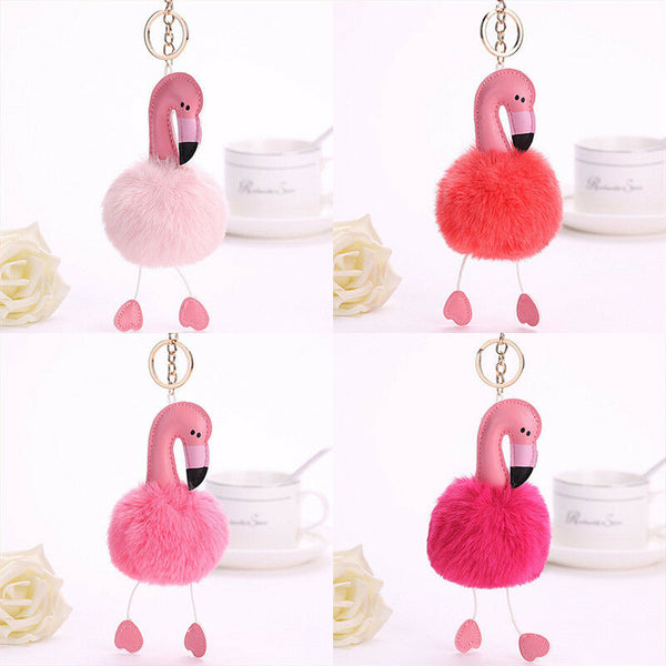 Flamingo Keychain Fluffy Faux Rabbit Ball Key Chain Women Car Bag Key Ring JClj
