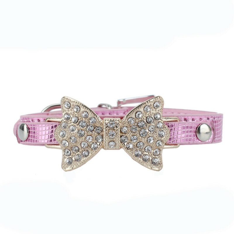 Pet Puppy Cat Dog Collar Pink PU Leather Adjustable Rhinestone Bow Neck Strap