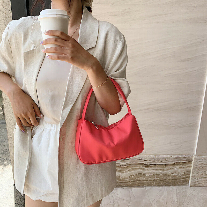 Nylon Casual Women Handbag Female Solid Underarm Shoulder Bag (Rose Red)