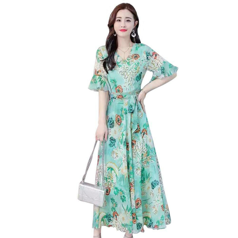 Elegant Floral Print Maxi Women Summer V-neck Short Sleeve Belt Dresses (M) A