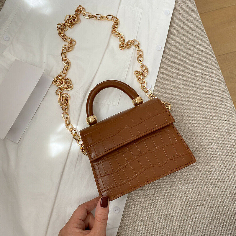 Women Mini Shoulder Bag Alligator PU Tote Chain Crossbody Pouch (Brown)