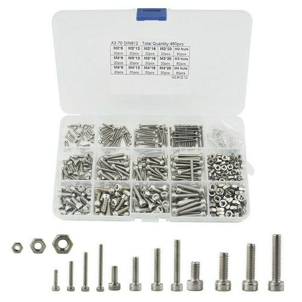 480pcs Hex Socket Head Cap Screws Nut Kit Set M2 M3 M4 Stainless Steel For  C2Q3