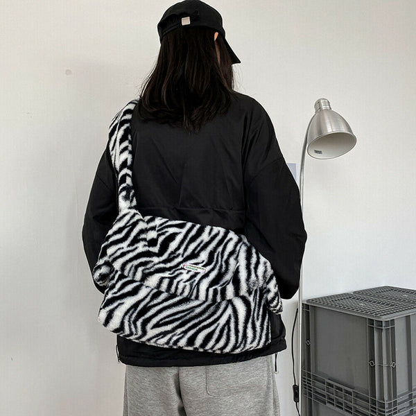Autumn Zebra Pattern Shoulder Crossbody Bag Women Plush Large Capacity Tote